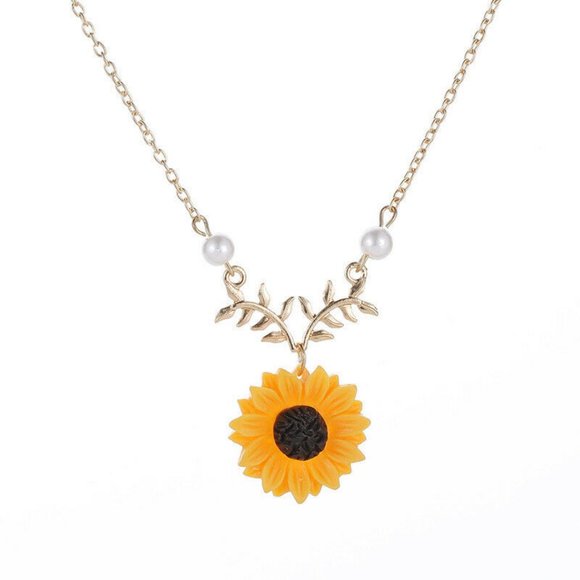 Dainty Gold Chain Pearl Vine Bright Yellow Sunflower Pendant Necklace - Picture 2 of 12